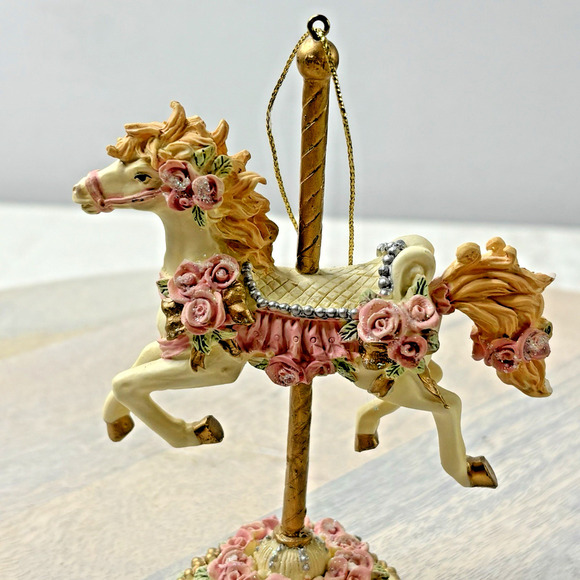 Horse Carousel Figurine Gold Post Pink Flowers Horse Vibrant - Picture 4 of 6